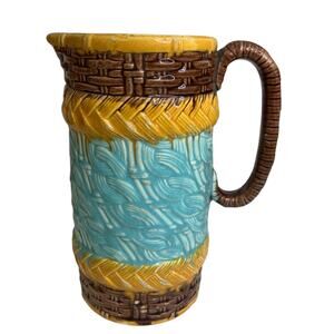 Antique Majolica Basket Weave Cable Pitcher Pottery 7.5 Inch Vibrant